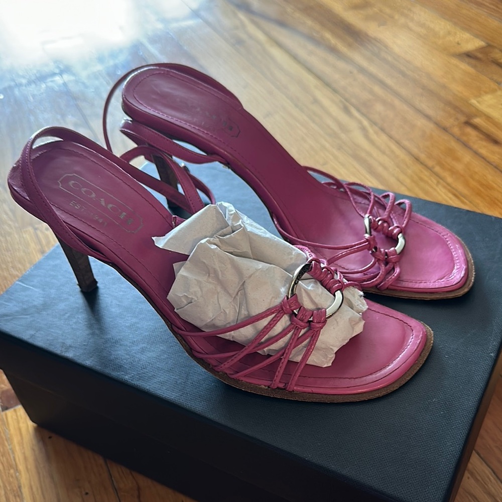 Coach Pink High-Heeled Sandals with Bow Embellishment